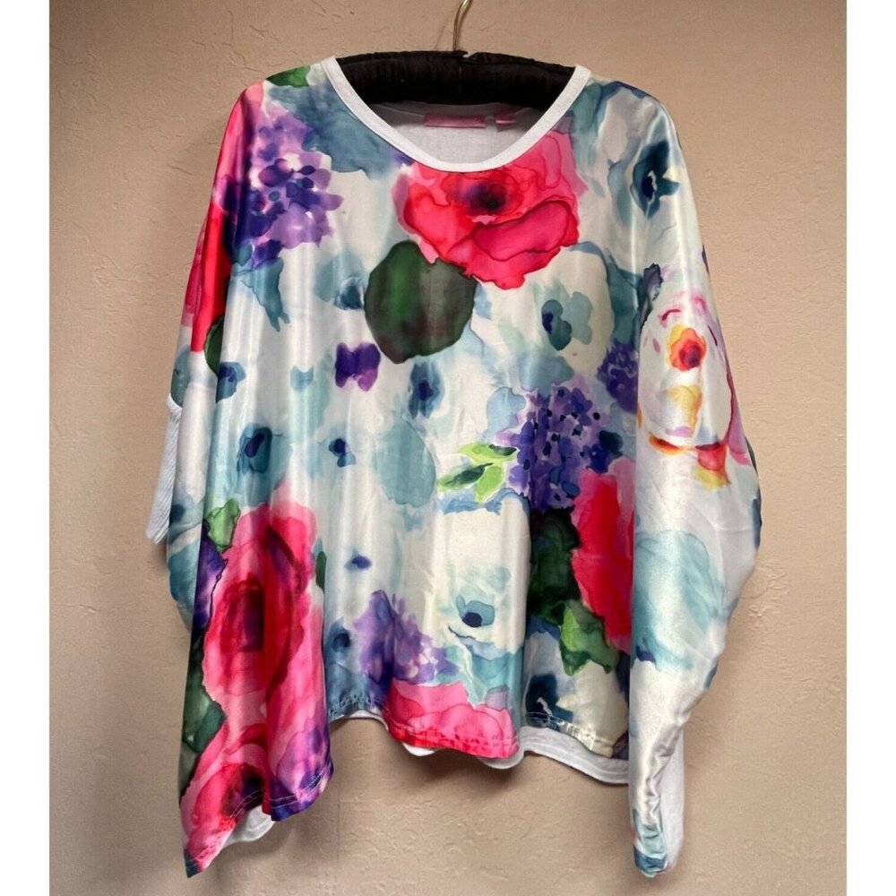 Michael Simon Studio Abstract Floral Dolman Sleeve Knit Top Multicolor Small